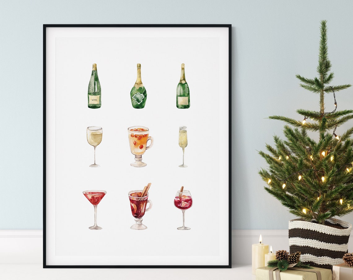 Christmas Watercolor Drinks Mulled Wine Champagne Cocktail Art Poster