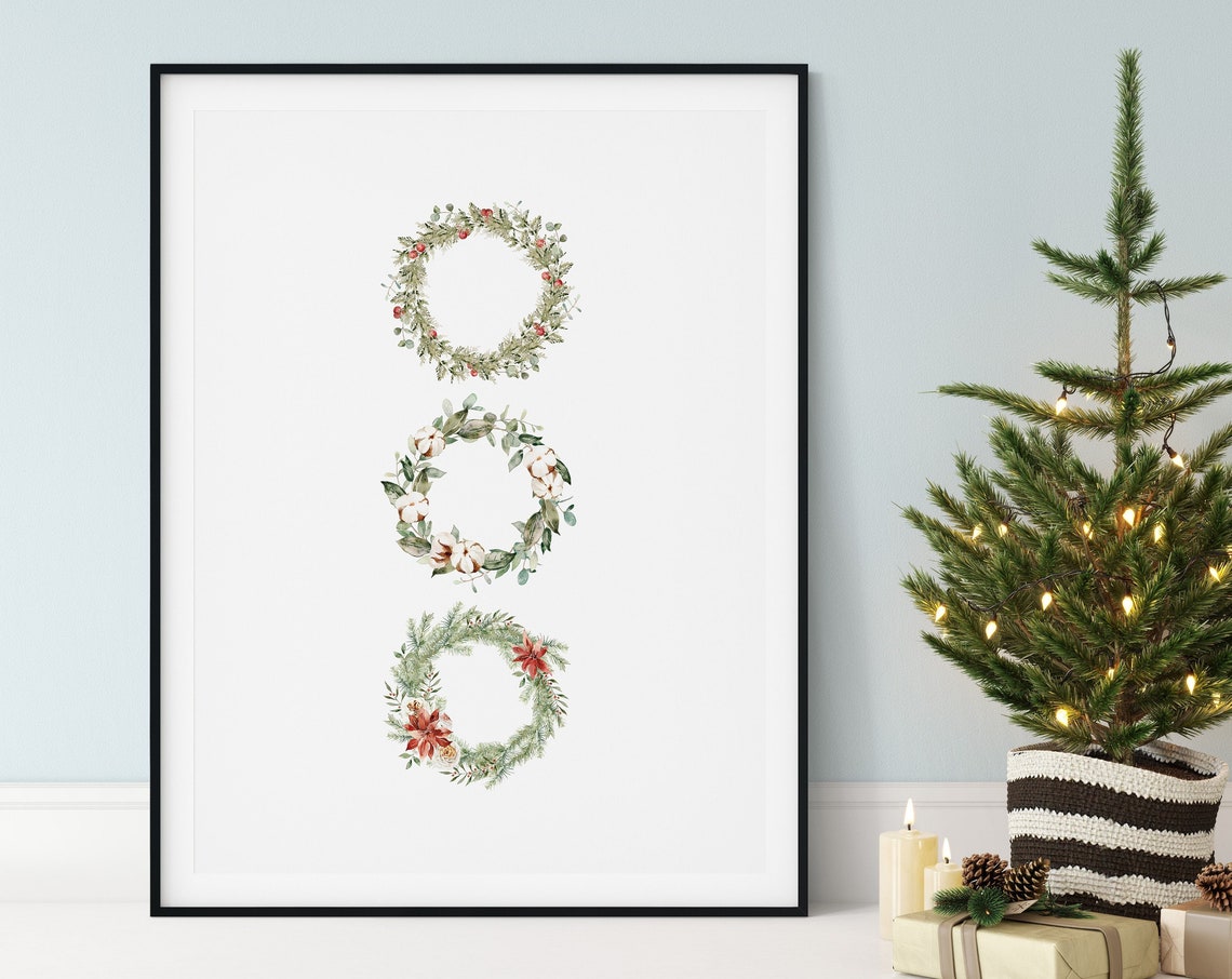 Watercolor Christmas Wreath Trio Botanical Holiday Wall Poster