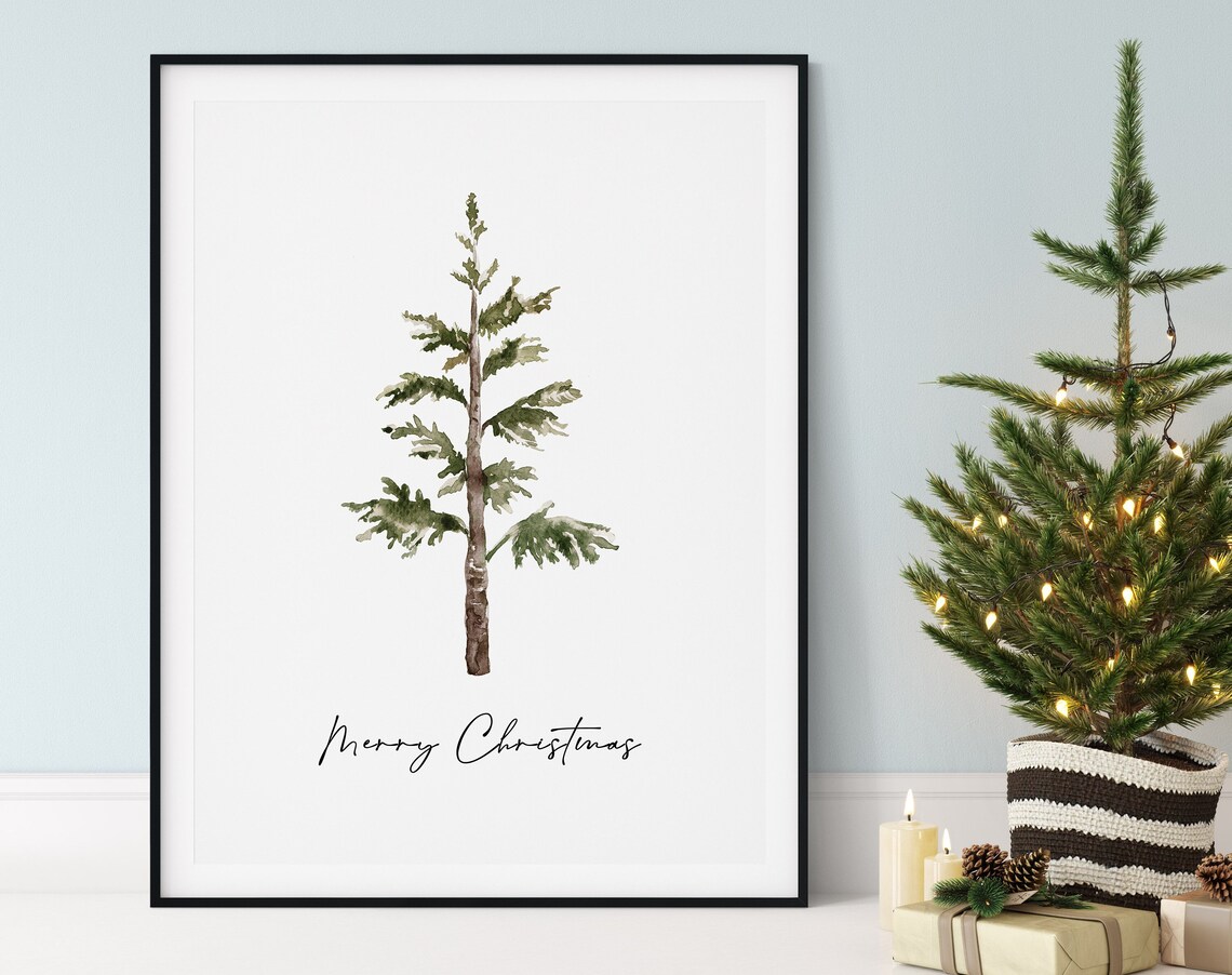 Merry Christmas Watercolor Pine Tree Minimalist Holiday Art Poster