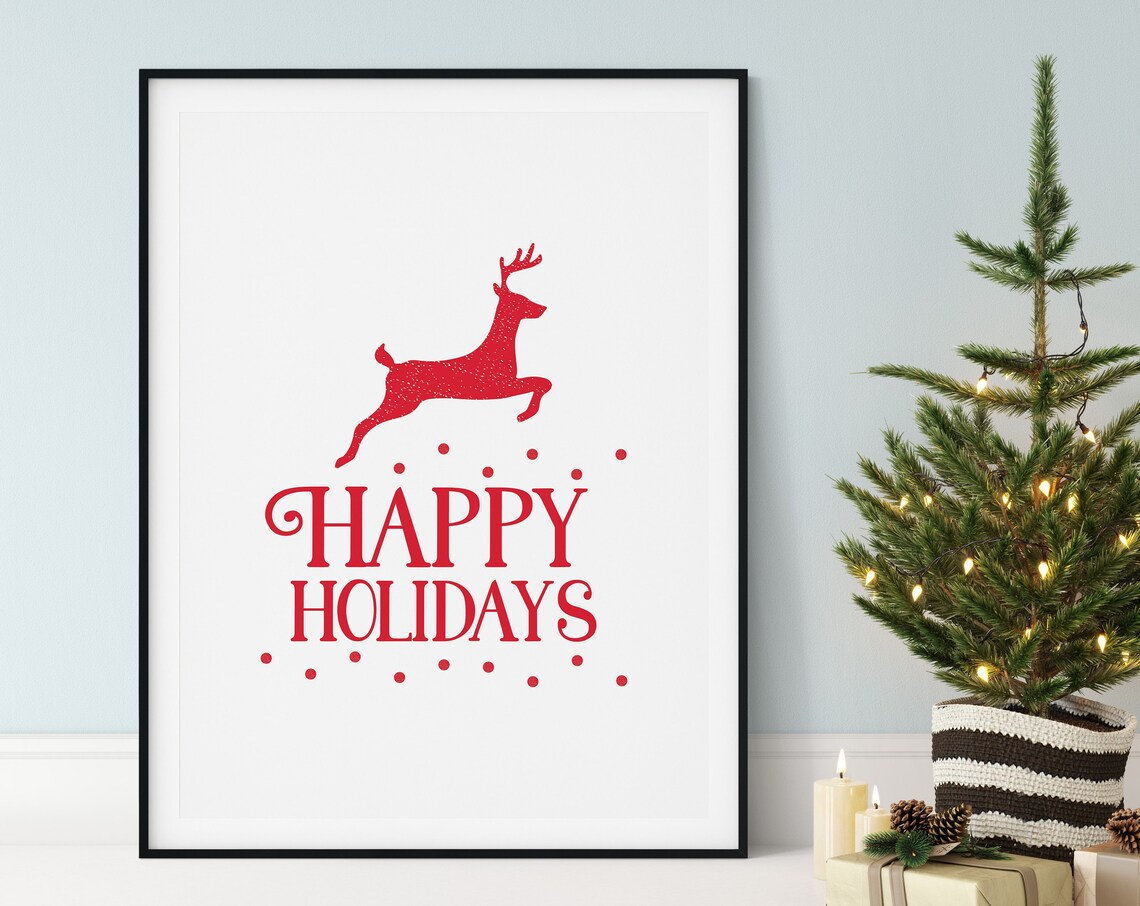 Leaping Red Reindeer Silhouette Happy Holidays Christmas Poster