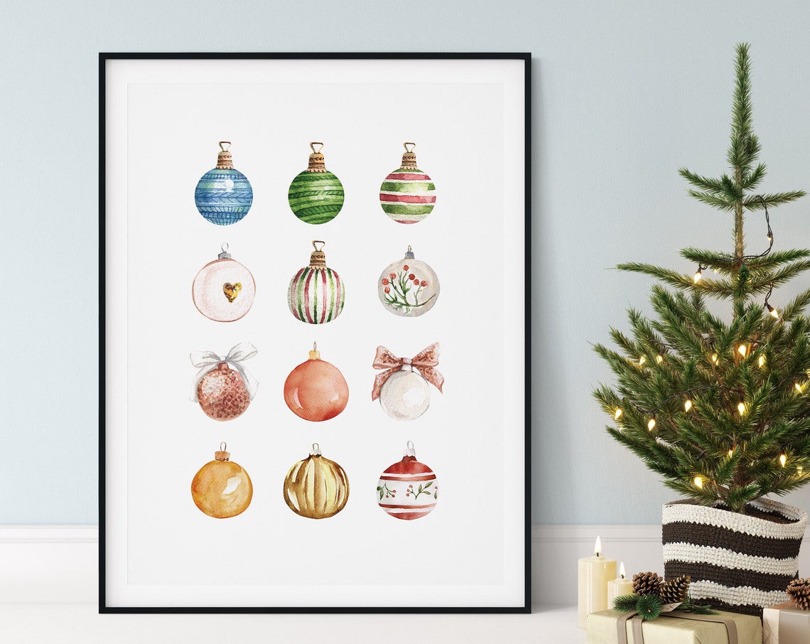 Watercolor Christmas Ornaments Baubles Grid Festive Style Poster