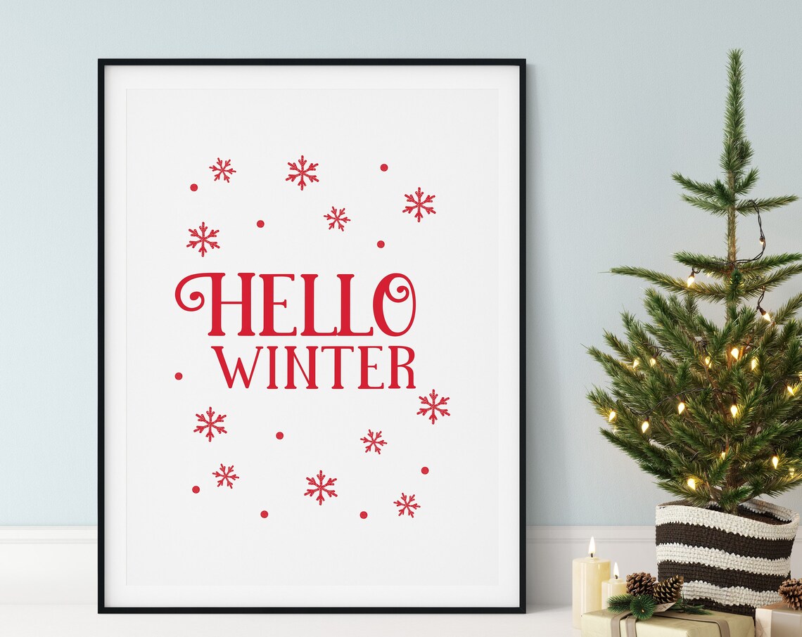 Hello Winter Red Snowflake Serif Lettering Seasonal Holiday Poster