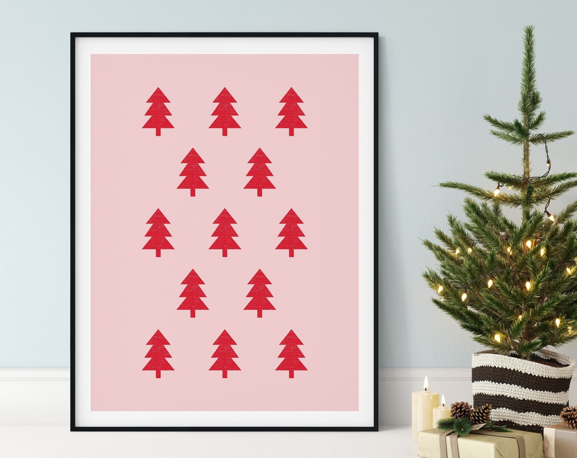 Pink Christmas Red Tree Pattern Scandinavian Minimalist Holiday Poster