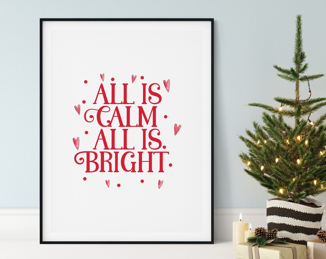 All Is Calm All Is Bright Red Heart Christmas Typography Poster