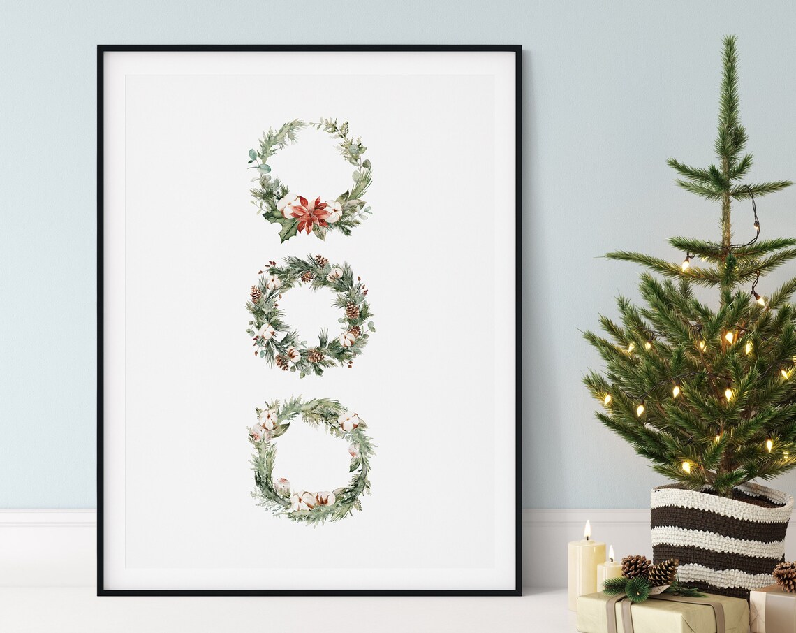 Stacked Watercolor Christmas Wreaths Pinecone Poinsettia Wall Art
