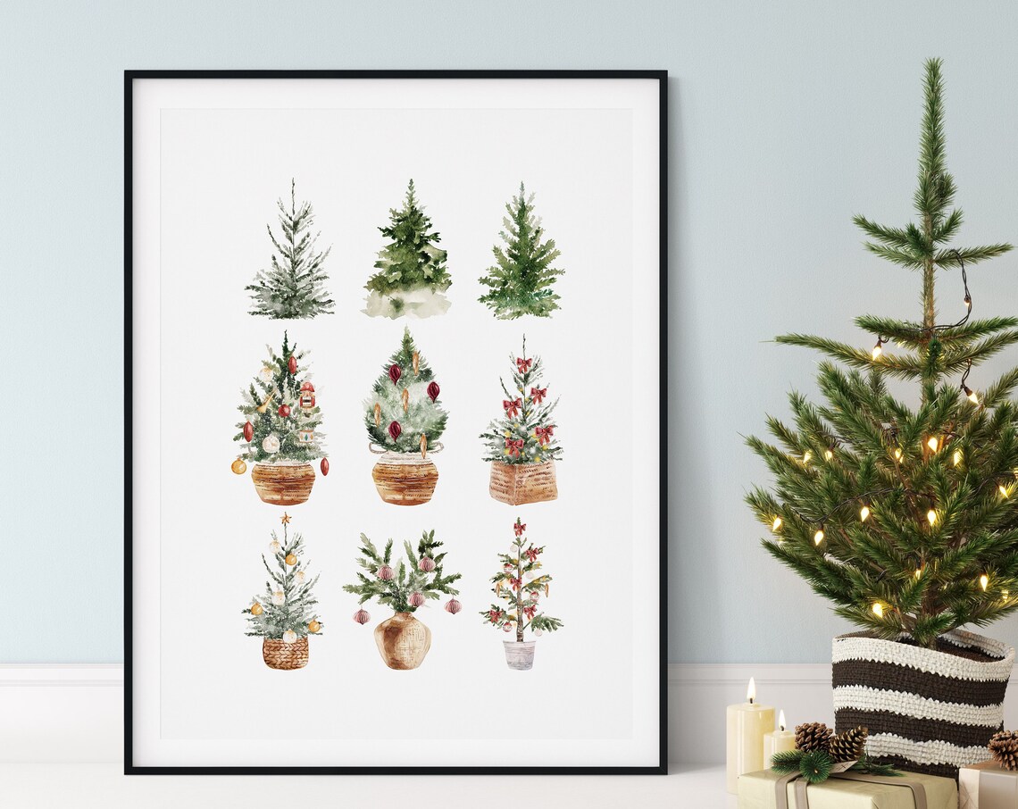 Nine Watercolor Christmas Trees Holiday Home Decor Christmas Print