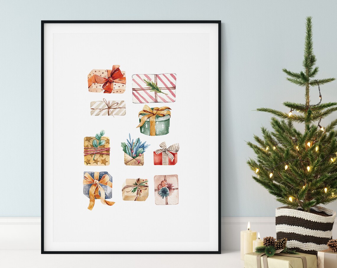 Watercolor Christmas Gifts Collage Festive Wall Decor Poster