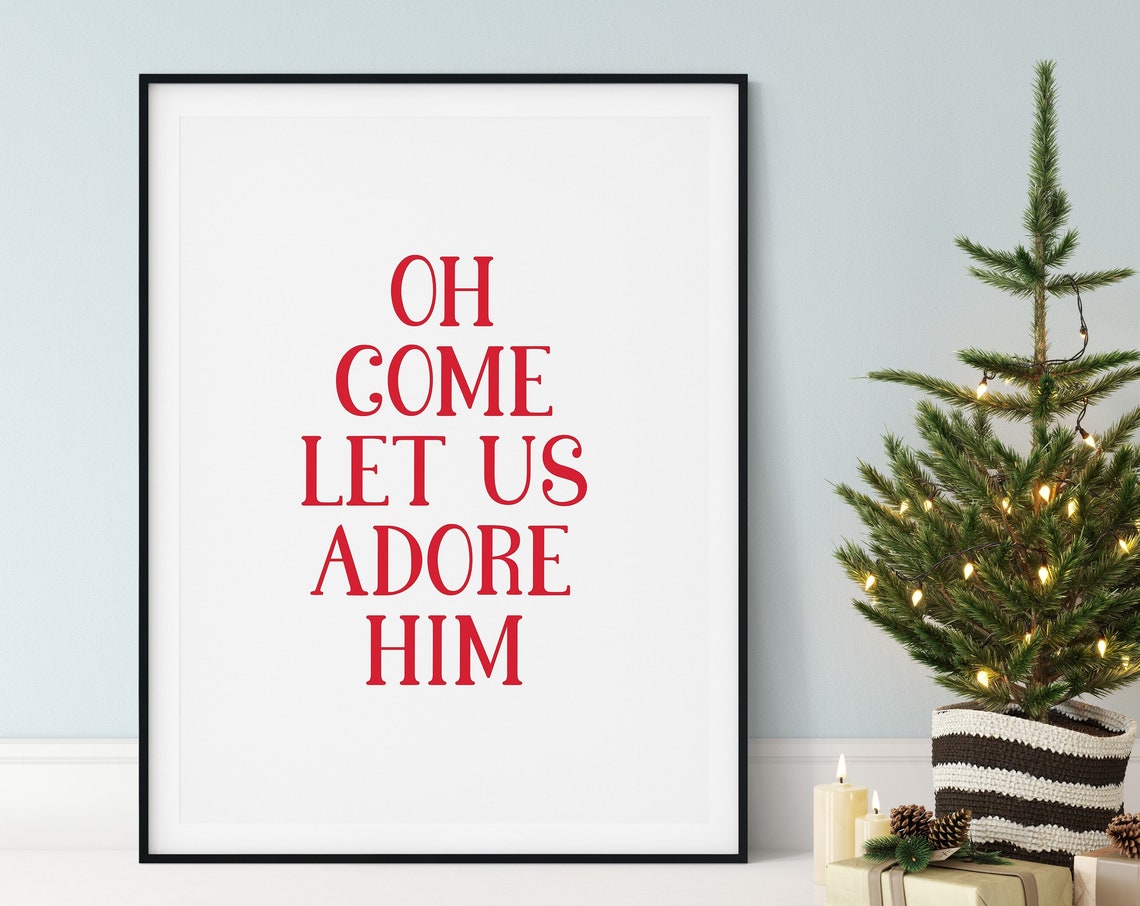 Oh Come Let Us Adore Him Carol Lyric Red Faith Christmas Poster