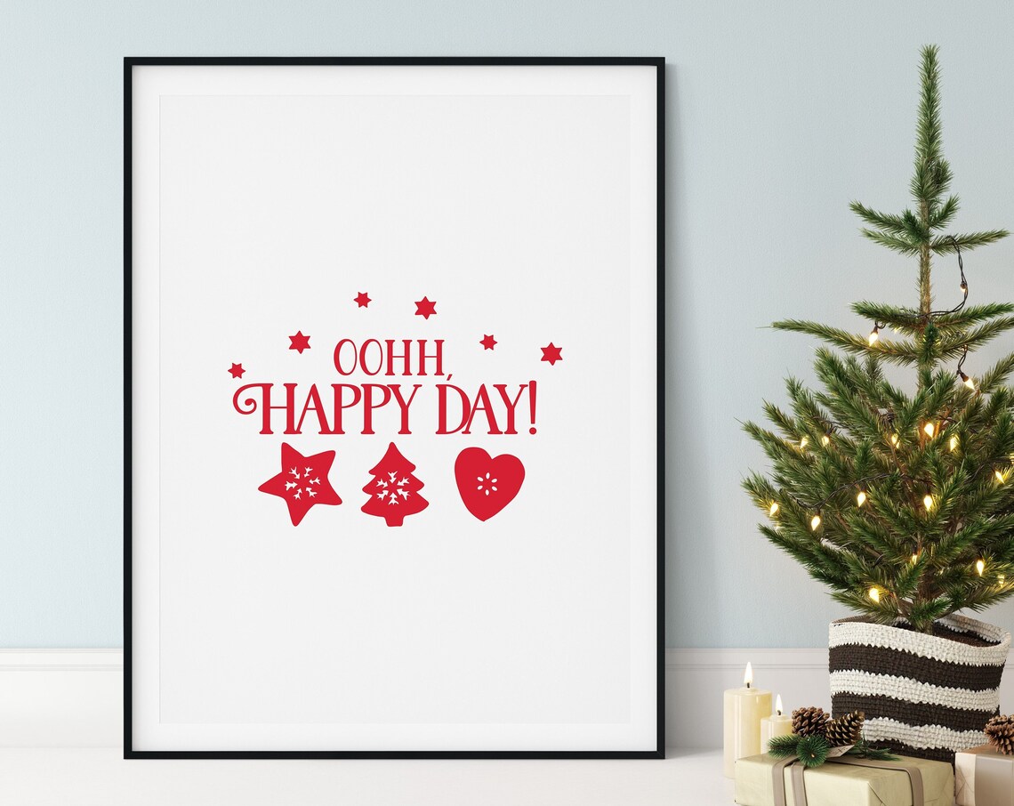 Ooh Happy Day Star Tree Heart Ornaments Red Christmas Word Poster