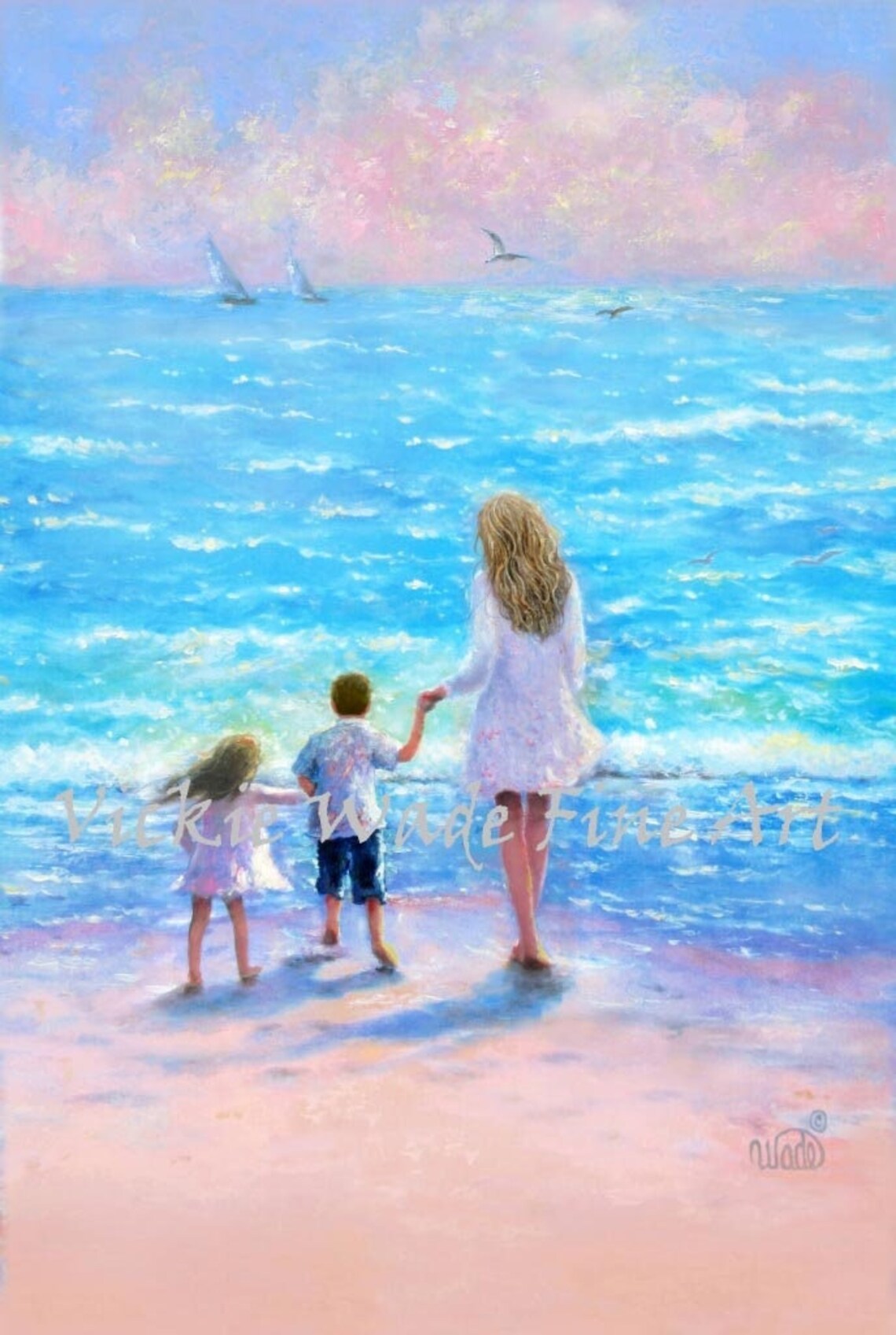 Blonde Mother with Two Young Children on a Sunset Beach Poster