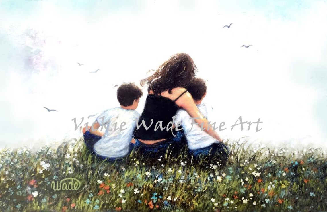 Brunette Mother Sitting With Two Sons In Flower Meadow Poster