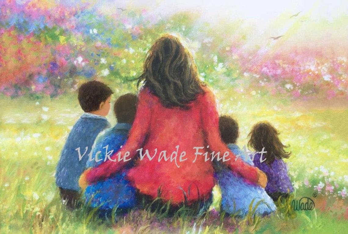Mother Four Children Art Print Three Boys And A Girl Three Brothers Little Sister Garden Mother Gift For Mom Wall Art Vickie Wade Art
