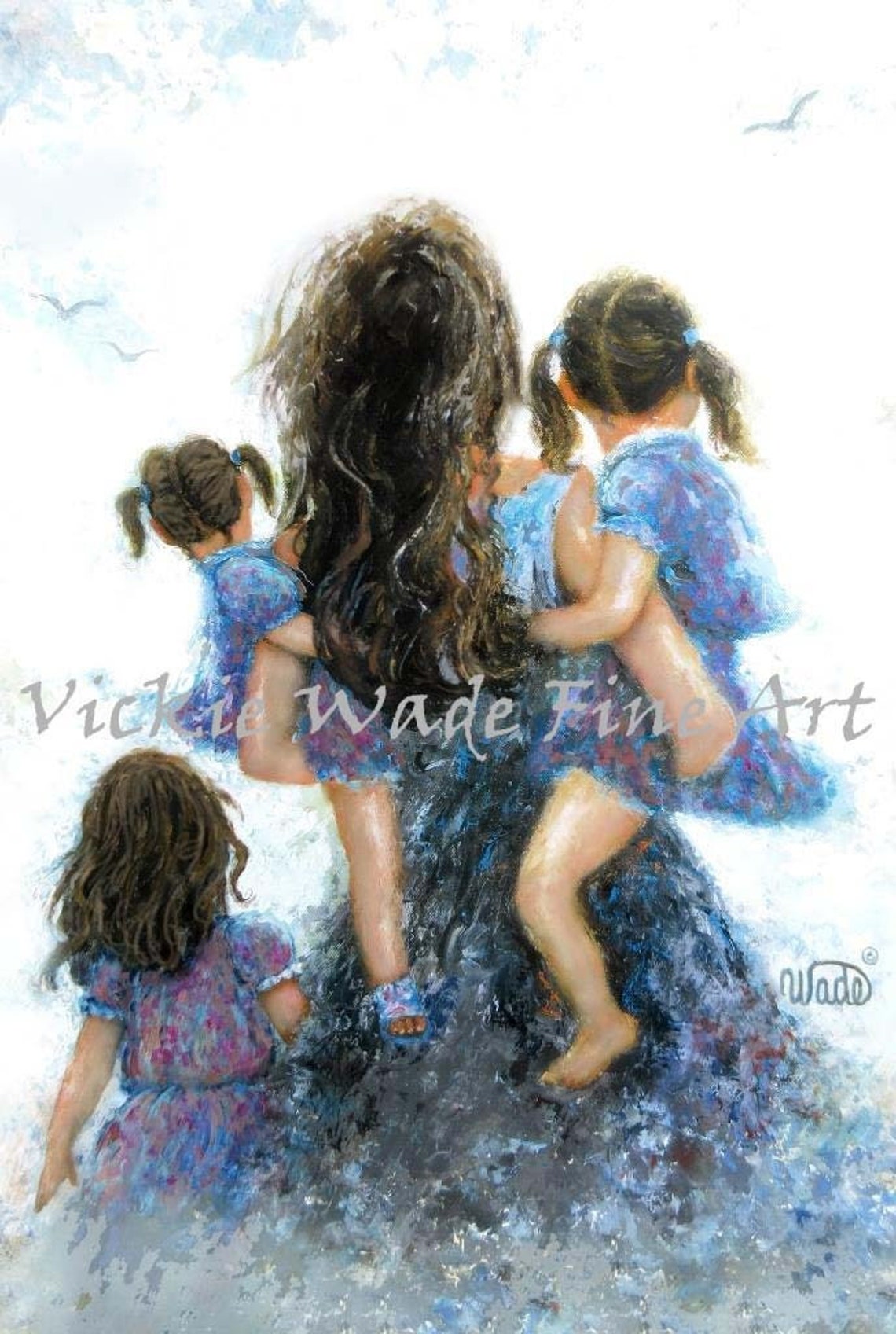 Mother Carrying Three Little Daughters in Blue Dresses Poster
