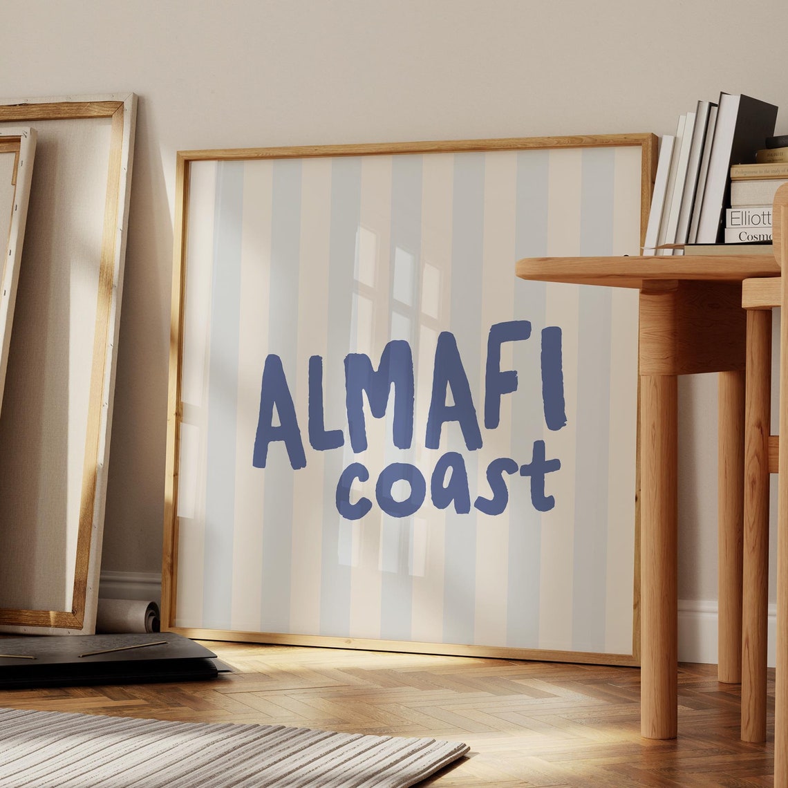 Almafi Coast Blue Script Light Stripes Coastal City Name Wall Art