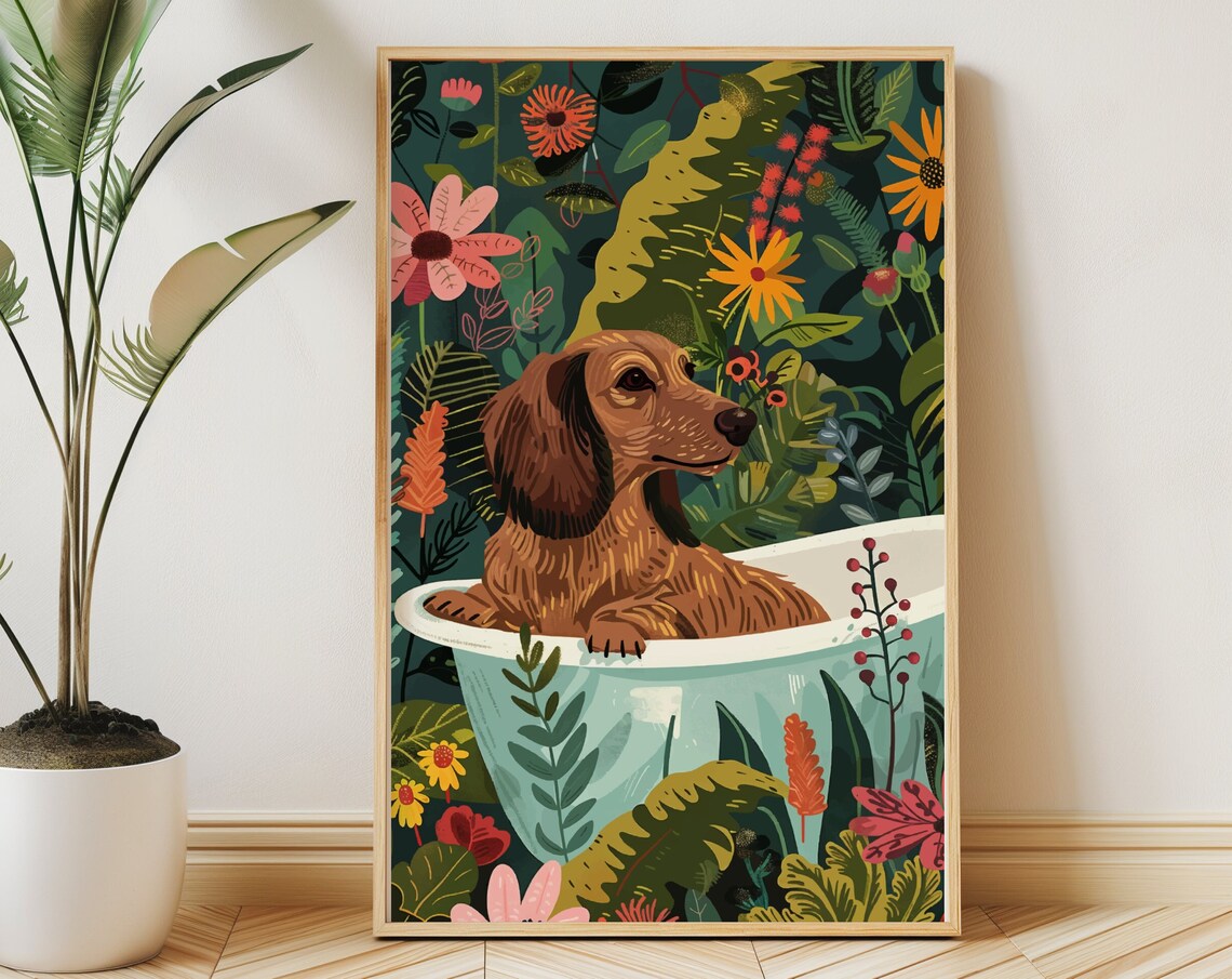 Dachshund Boho Jungle Bathtub Wall Art Print