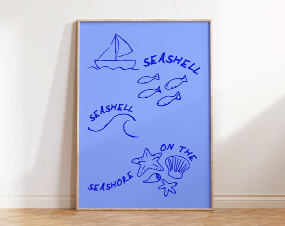 Seashell On The Seashore Blue Sailboat Hand Drawn Coastal Art Poster