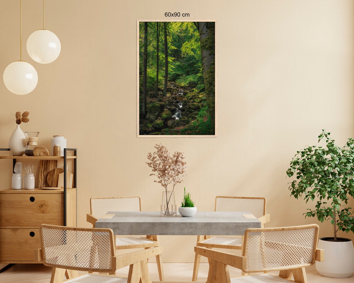 Sunlit Forest Stream Flowing Over Mossy Rocks In Green Woodland Poster - Image 2