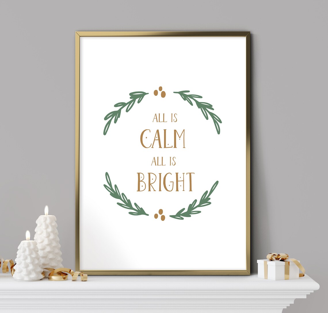 All Is Calm All Is Bright Green Laurel Wreath Serene Christmas Quote Art Print - Image 2