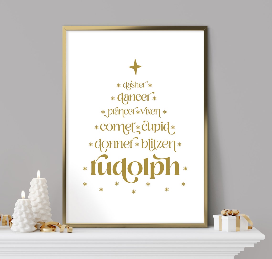 Rudolph and Reindeer Names Tree in Gold Script Typography Art Print