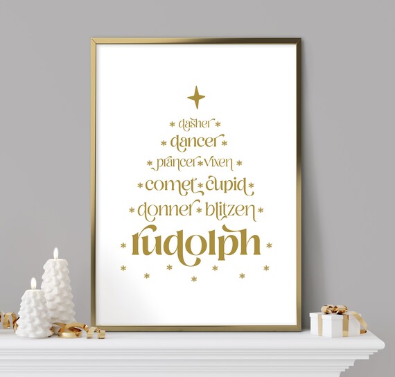 Rudolph and Reindeer Names Tree in Gold Script Typography Art Print
