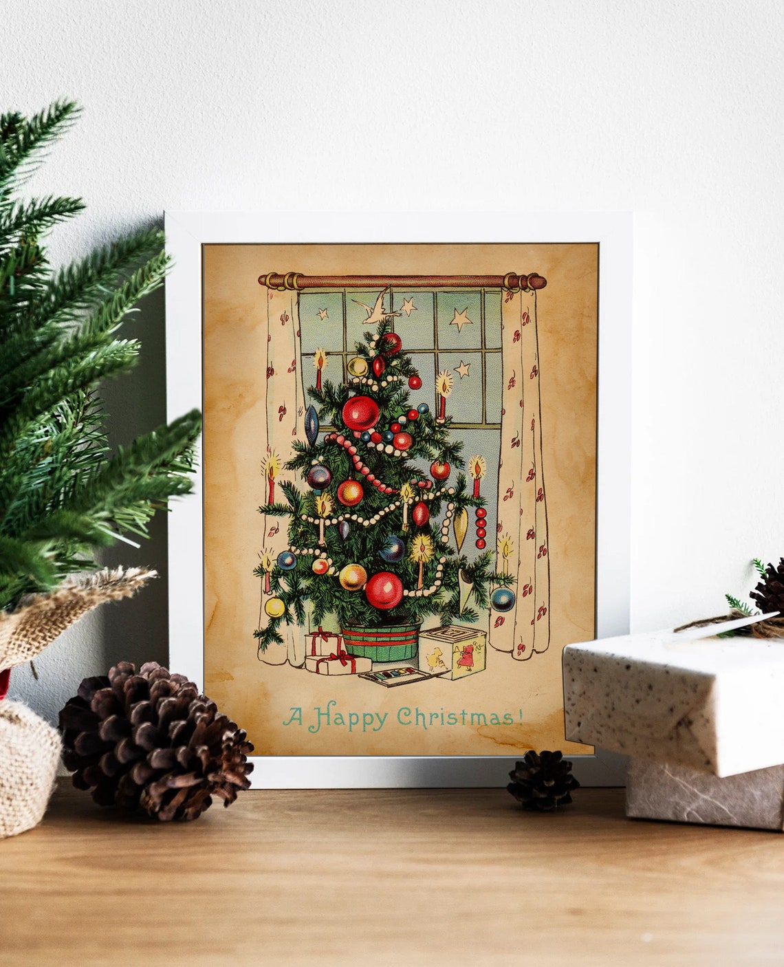 A Happy Christmas Vintage Decorated Tree Night Window Poster