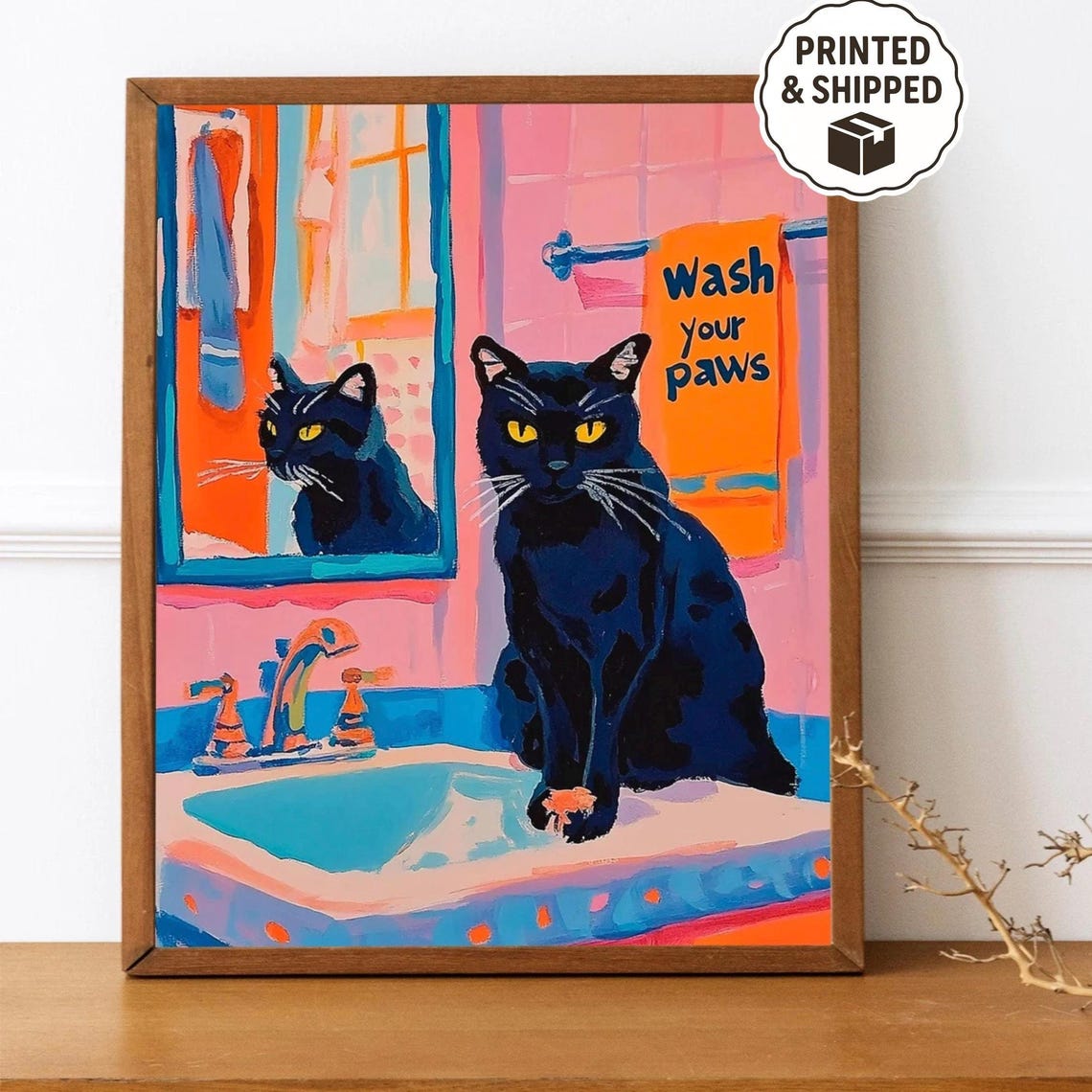 Wash Your Paws Black Cat Maximalist Bathroom Colorful Art Poster