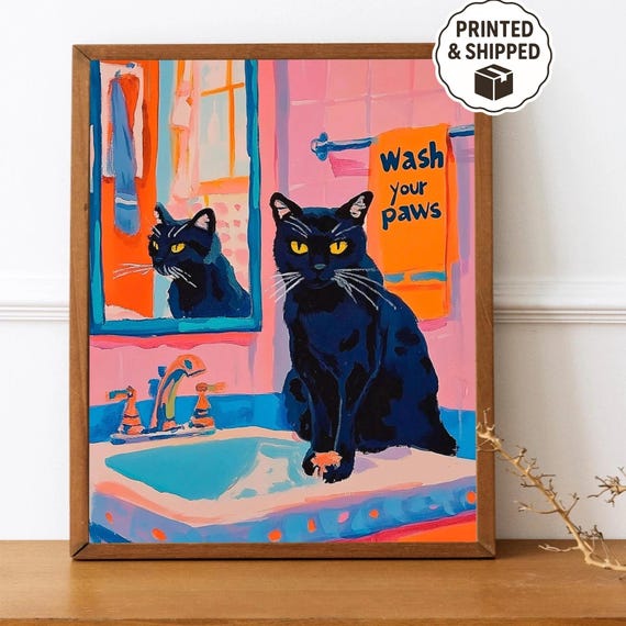 Maximalist Bathroom Cat Art Wash Your Paws Trendy Poster Colorful Kitsch Wall Decor For Dopamine Lovers Playful