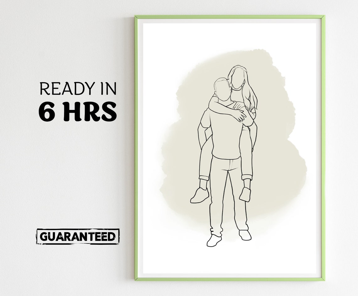 Personalized Faceless Line Art Couple Portrait with Sage Wash Poster