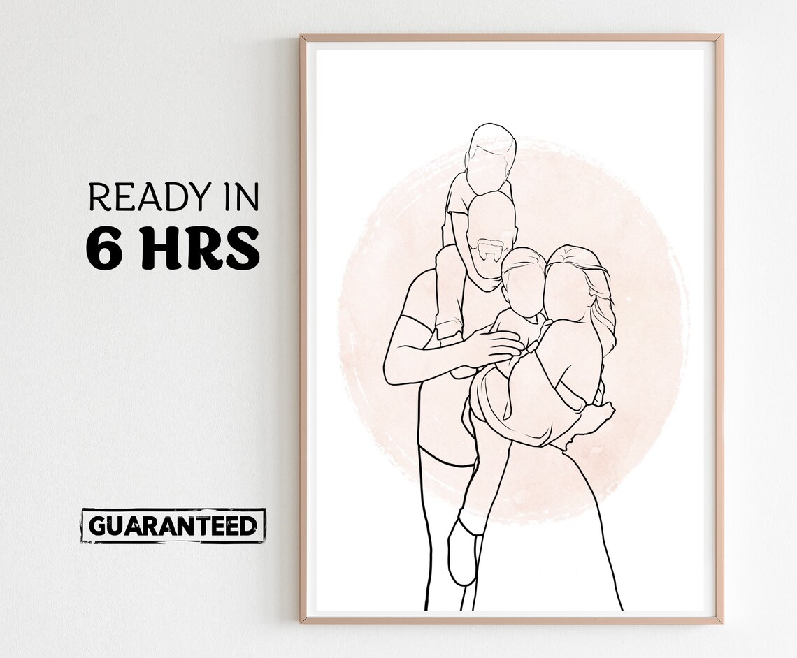 Personalized Line Art Family Portrait of Four in a Warm Embrace Poster