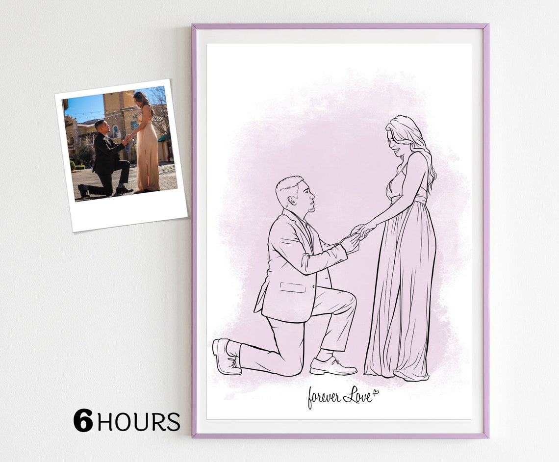 Custom Line Art Proposal Portrait with Forever Love Script Poster