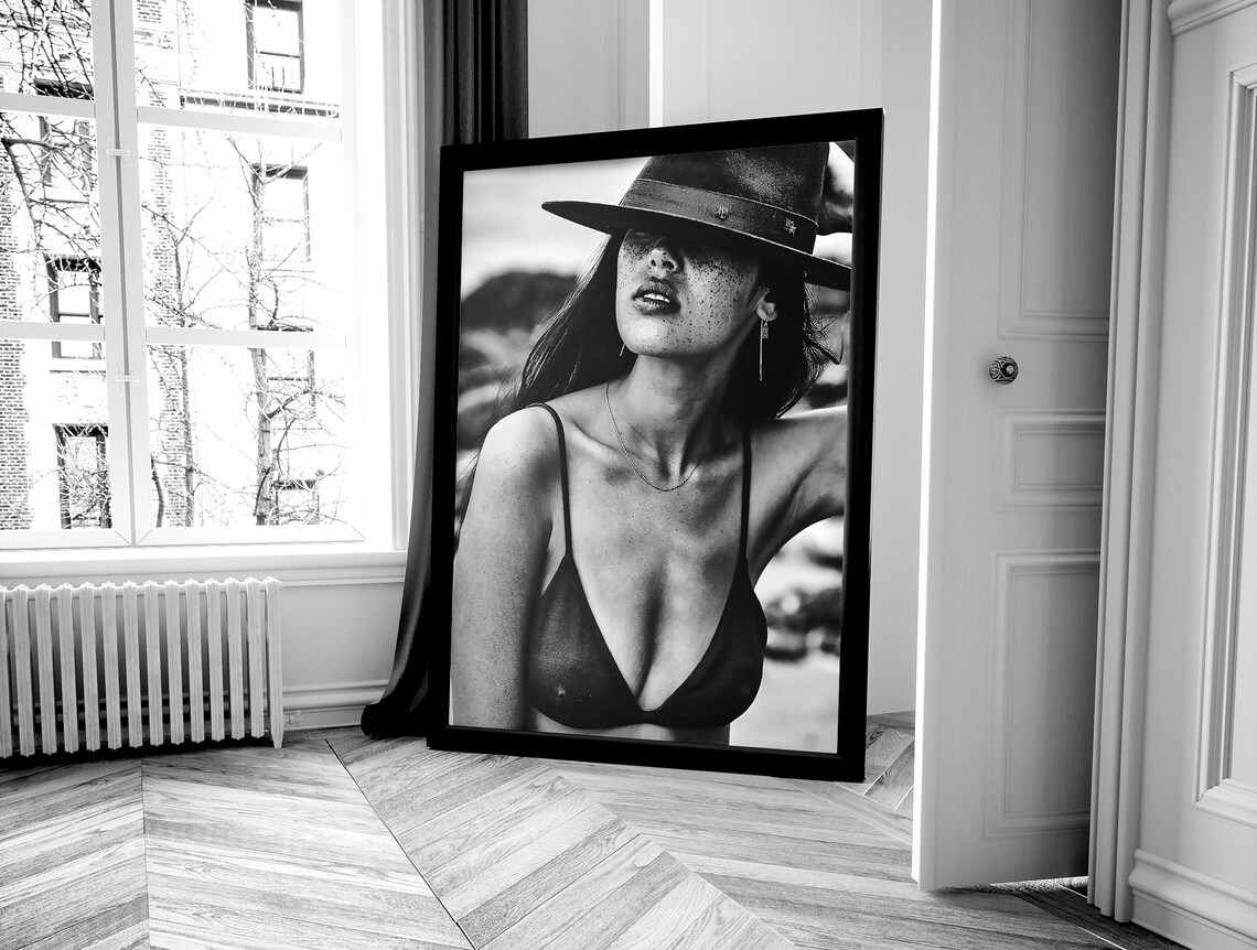 Coastal Cowgirl Hat Freckles Close Up Black And White Beach Poster - Image 4