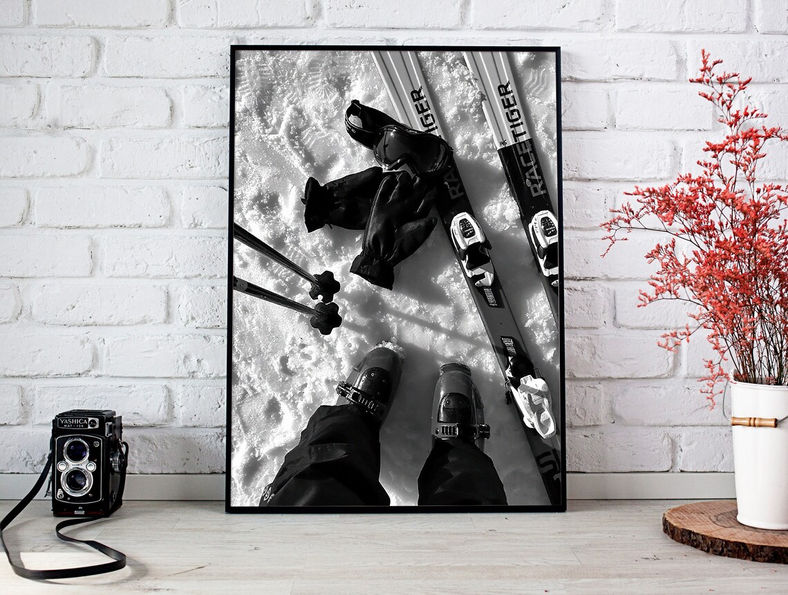 Skier Boots Skis Gloves Goggles In Snow Overhead Gear Layout Photo Print - Image 2