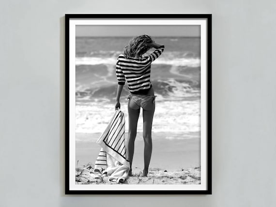 Woman in Striped Bikini Watching Ocean Waves Black and White Poster