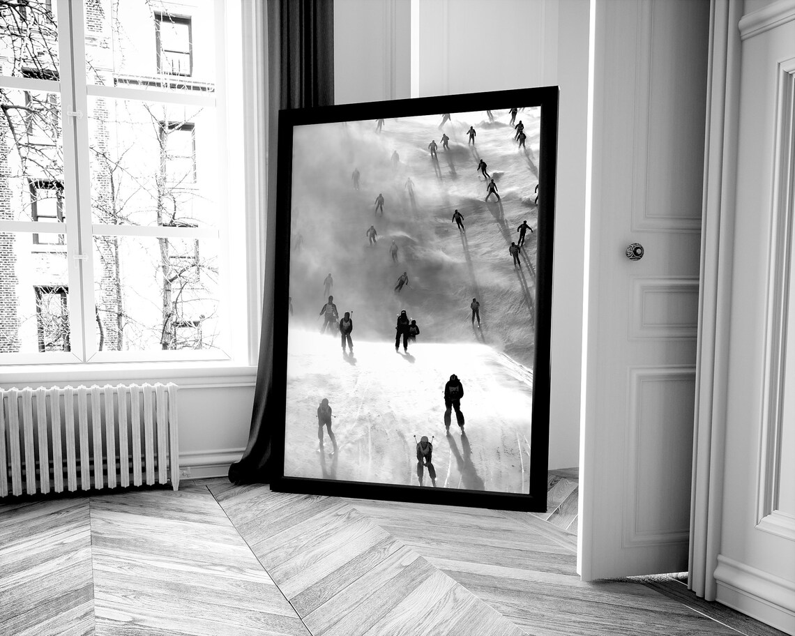 Skiers Crossing Foggy Slope Aerial View Black And White Winter Poster - Image 3