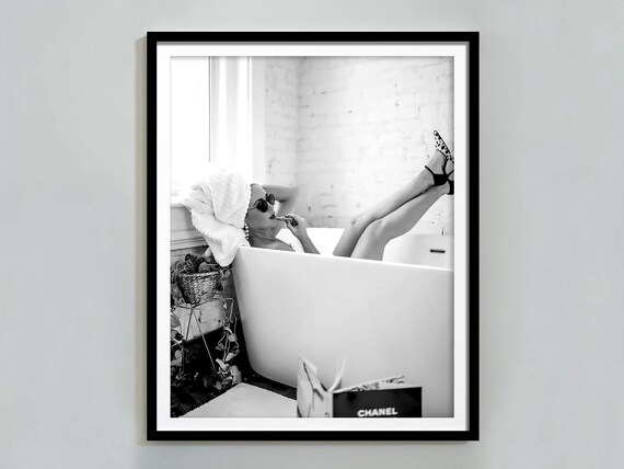Woman Lounging in Bathtub With Chanel Bag Black and White Poster