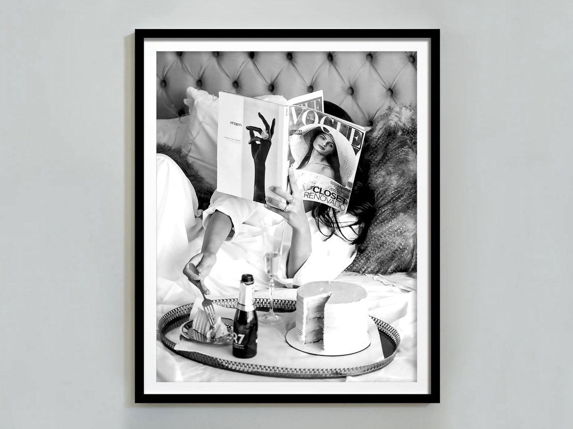Woman Reading Magazine Print Bar Cart Poster Hypebeast Wall Art Black And White Luxury Fashion Poster Trendy Wall Art