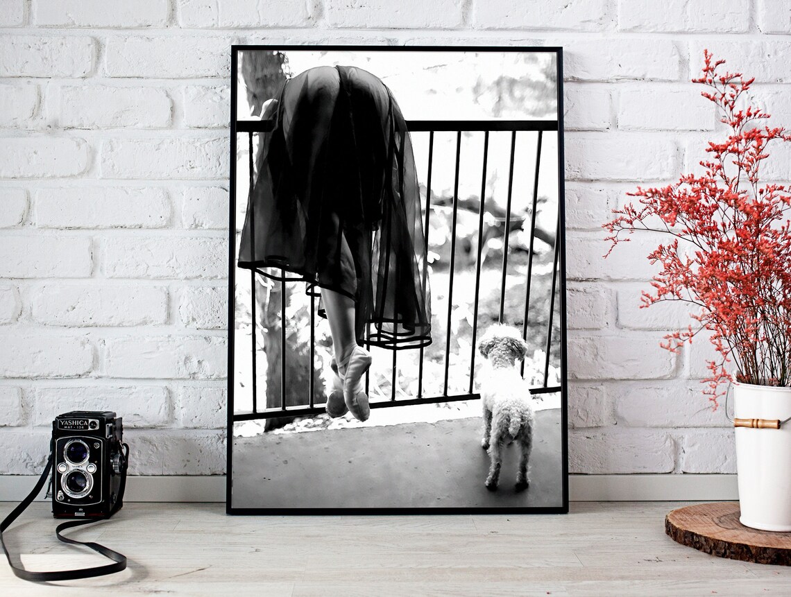 Woman In Sheer Dress On Balcony With Little Dog Black White Poster - Image 2
