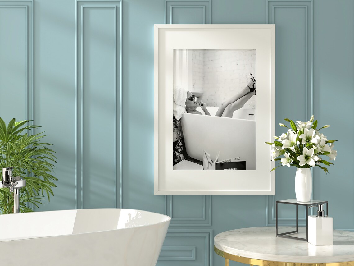 Woman Lounging in Bathtub With Chanel Bag Black and White Poster - Image 3