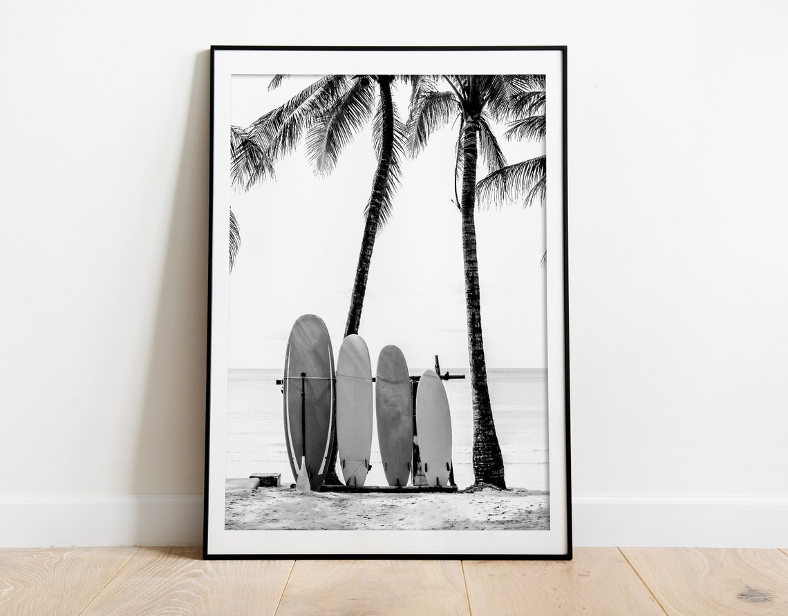 Surfboards Under Palm Trees Beach Black and White Surf Photo Poster - Image 3