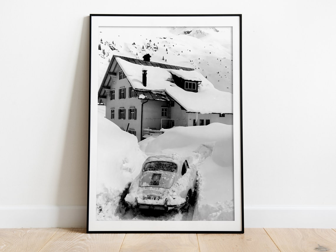 Vintage Alpine Chalet Buried In Deep Snow With Classic Car Poster - Image 3