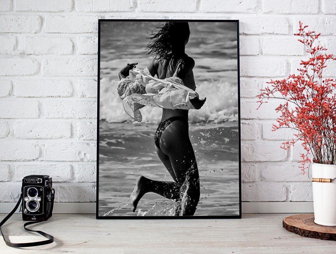 Woman Running Beach Waves Black And White Swimsuit Cover Up Poster - Image 2