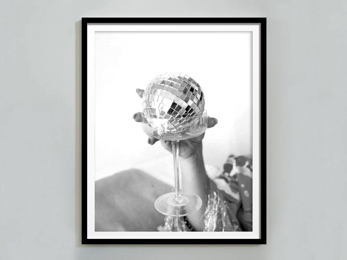 Disco Ball Poster, Black and White Cocktail Art