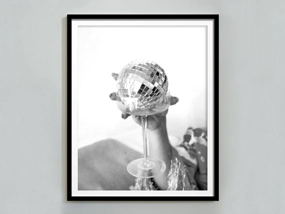 Disco Ball Poster, Black and White Cocktail Art