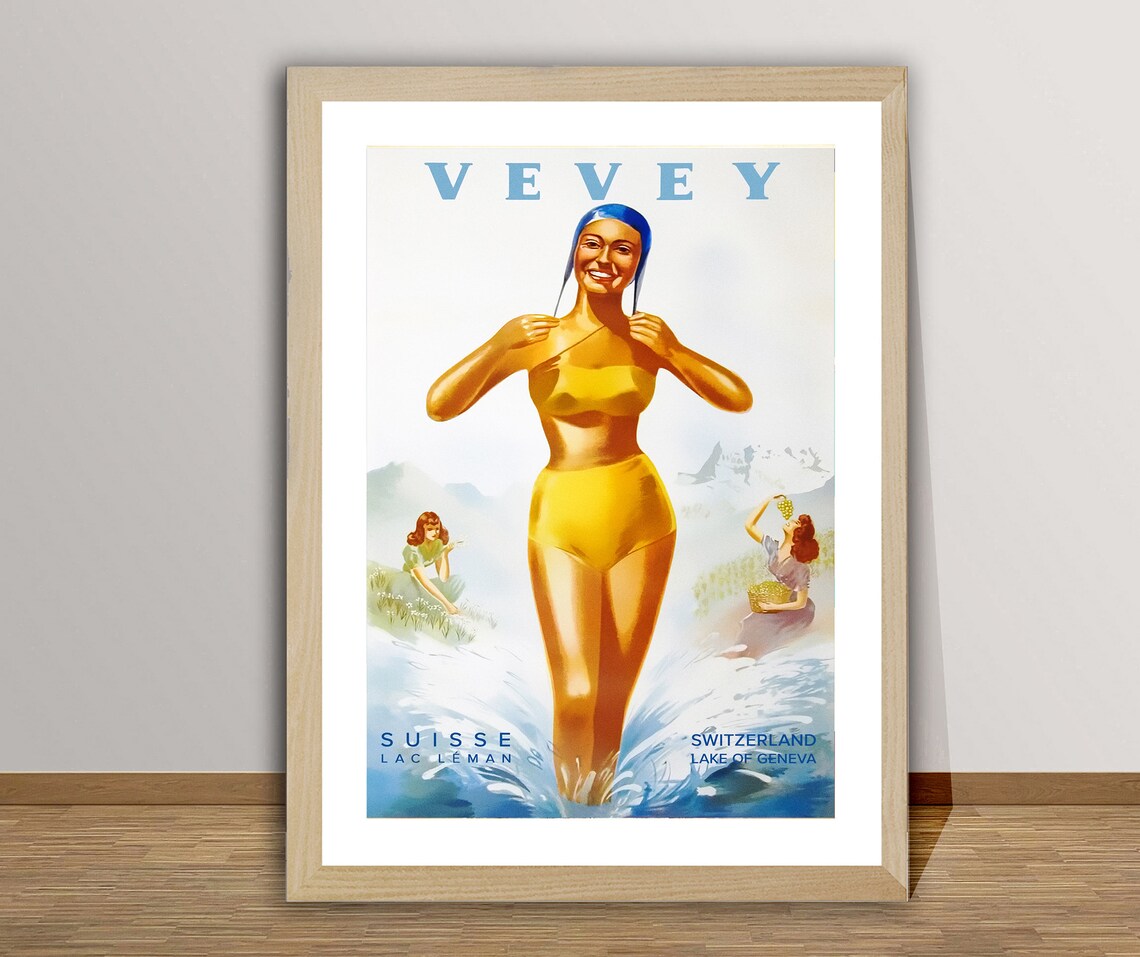 Vevey Suisse Lake Geneva Vintage Swiss Bathing Beauty Travel Poster - Image 2