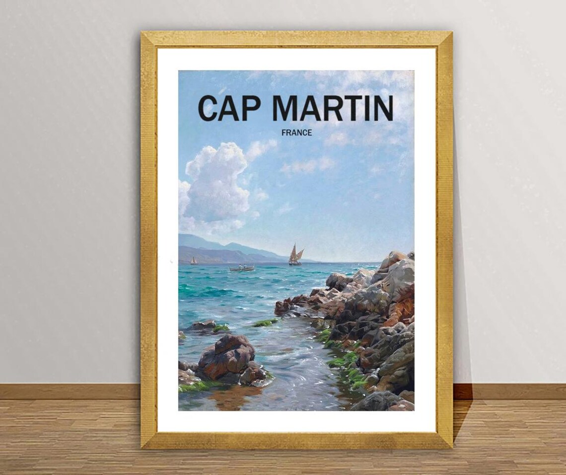 Cap Martin France Vintage Coastal Travel Poster Rocky Shore Art