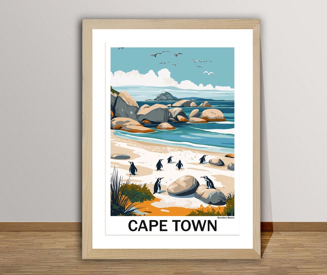 Cape Town Boulders Beach Penguins South Africa Vintage Travel Poster