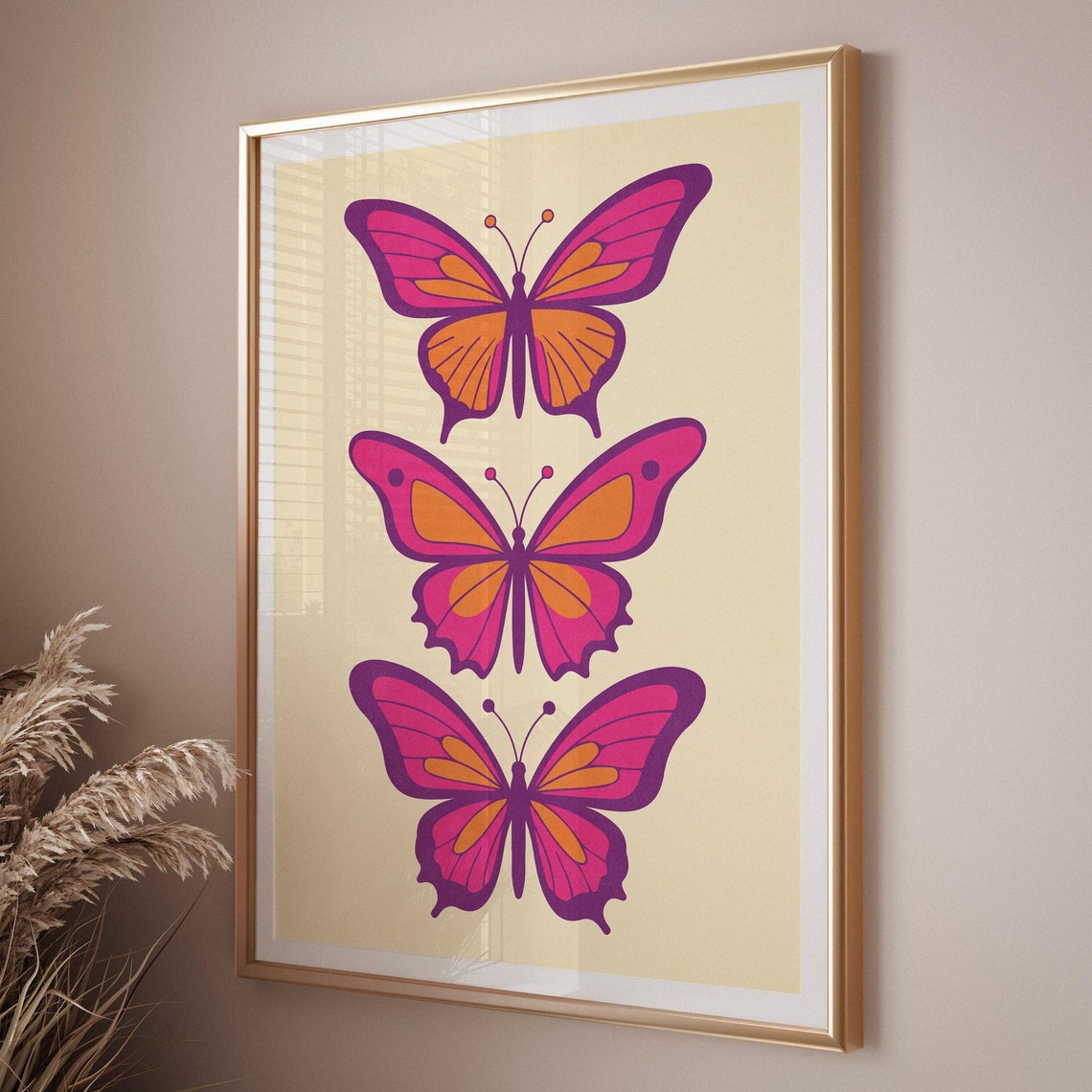 Pink Aesthetic Butterfly Art Print Trendy Wall Art Girls Bedroom Decor Trendy Room Wall Art Three Butterflies Purple Pink Orange Wall Art