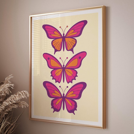 Pink Aesthetic Butterfly Art Print Trendy Wall Art Girls Bedroom Decor Trendy Room Wall Art Three Butterflies Purple Pink Orange Wall Art