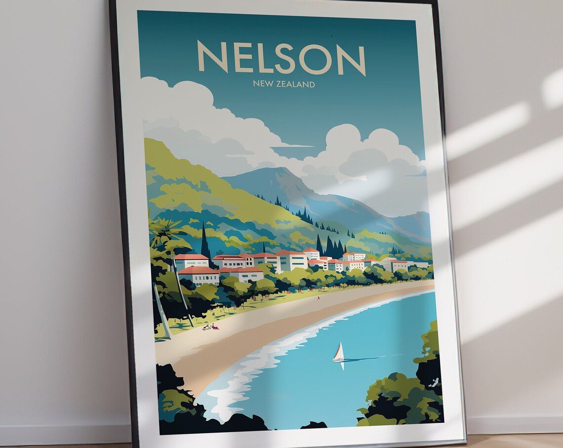 Nelson New Zealand Beach Sailboat Bay Hillside Town View Poster - Image 3