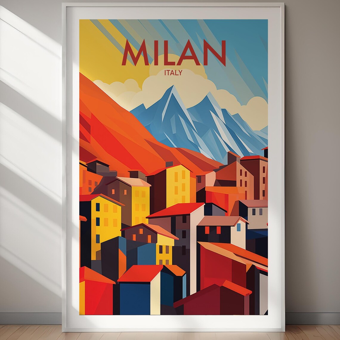 Milan Italy Mountain Village Rooftops Geometric Art Travel Poster
